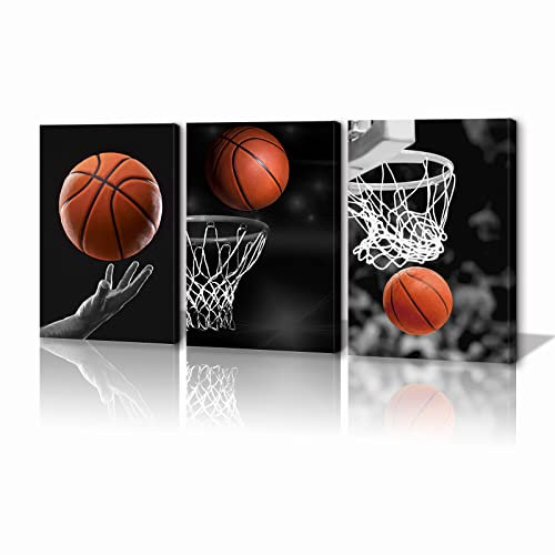 KAWAHONE 3 Stück schwarze und weiße Sport-Leinwand-Kunst, Basketball-Poster, Kunst – gerahmtes Geschenk für Sportfans, Männer, Jungen, Teenager, Kunstdekorationen für Büro, Schlafzimmer, Wohnzimmer