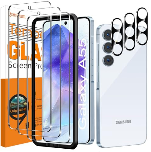QsmQam 3 Pezzi Vetro Temperato per Samsung Galaxy A55 5G e 3 Pezzi Pellicola Fotocamera, Pellicola Prottetiva Anti Graffio, Durezza 9H, Vetro Protettivo per Samsung Galaxy A55 5G