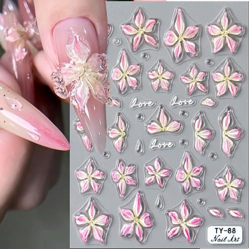 5D Geprägt Nageldesign Blume Nagelsticker Selbstklebend Rosa Lilie Blumen Nail Sticker Gelee Flower Nagel Stickers Flowers Nagelaufkleber Floral Nagel Sticker Lily Nail Stickers Nägel Zubehör Nail Art