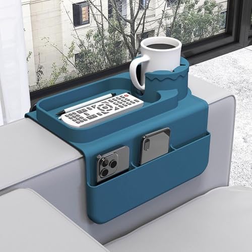 Hosoncovy Silicone Sofa Couch Cup Holder Tray Drink Holder with Side Pockets for Sofa Arm Couch Caddy Anti-Spill for Chair Recliner,Armrest Remote Control and Cellphone Organizer Holder (Blue)