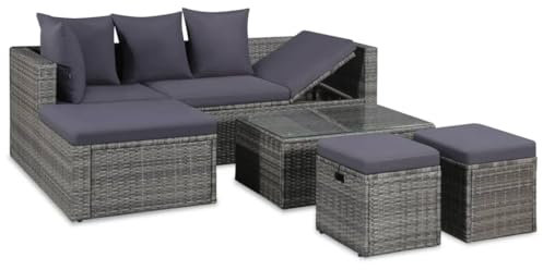 Willood 4-TLG. Garten-Lounge-Set mit Auflagen Poly Rattan Lounge Sofa Sitzgruppe Garten Garnitur Gartensofa Gartenset Ecksofa Fußhocker Grau
