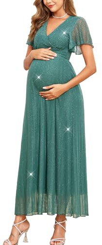 AISWI Glitzerndes Netz-Maxikleid mit Rüschenärmeln, V-Ausschnitt, fließendes Schwangerschaftskleid, Babyparty, Fotoshooting, formell, Salbeigrün, Mittel