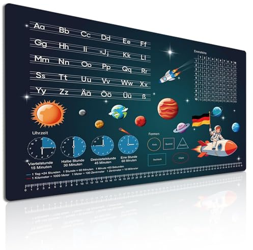 Schreibtischunterlage für Kinder, Weltraum Optik Schreibunterlage, Schreibtischunterlage Kinder Abwischbar 60 x 40 cm mit ABC, 1x1 und Uhrzeiten – Abwischbar, öl- und schmutzabweisend, Weicher