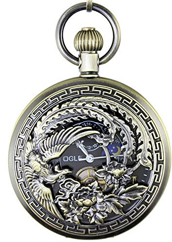 OGLE wasserdichte Bronze Phoenix Schwarze Tourbillon Phasen Sonne Mond Kette Fob Automatische Mechanische Taschenuhr