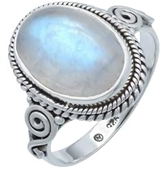 mantraroma Regenbogen Mondstein Silberring Damen 925 – Cabochon Edelstein Ring, eleganter Vintage Schmuck