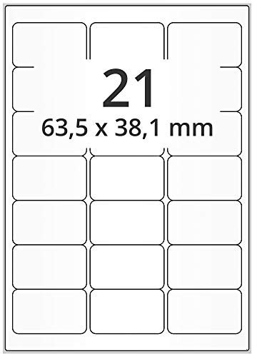 Laserdrucker Etiketten auf A4 Bogen, weiß - 63,5 x 38,1 mm - 2.100 Papier Aufkleber auf 100 Blatt, ablösbare Universal Klebe-Etiketten, matt