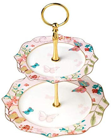 YBK Tech - Piatto da portata in porcellana Bone China a 2 ripiani per dolci, con motivo a farfalla