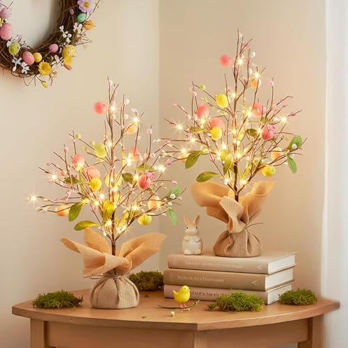Eambrite Easter Decorations, Easter Egg Trees with LED, Battery Operated Lighted Easter Tree Twig Tree with Colorful Easter Eggs, Easter Table Centerpiece for Home Party Indoor Spring Decor (2 PK)