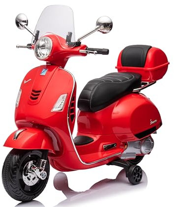 Mondial Toys Moto Elettrica per Bambini 12V con Licenza Ufficiale Vespa Piaggio – Modello GTS Super, Luci LED, MP3, Sedile in Pelle, Bauletto – Rosso