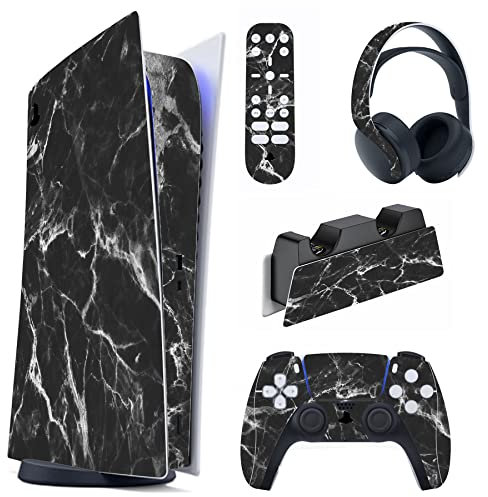 PlayVital Pegatina Completa para ps5 Edición Digital - Calcomanía Vinilo para Consola, Control, Estación de Recarga, Control Remoto y Audífonos, Adhesivo Piel (Mármol Negro Blanco)