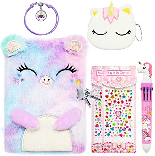 Wieat Girls Diary, Secret Diary for Girls, Cat Lockable Diary with Lock, Cute Fluffy Notebooks, Diary Gift Set of Cat Coin Purs Unicorn Pen, Bracalets, Crystal Sticker, Gifts for Girls, Kids
