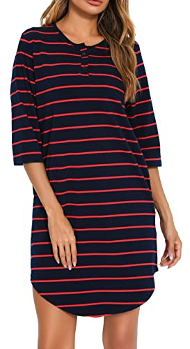 Vlazom Women’s Nightdresses Soft Cotton Nightshirt Stripe 3/4 Sleeve Sleep Dress Sleepwear with Pockets