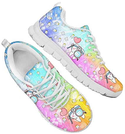 Dolyues Schön Niedlich Karikatur Zahn/Zahnarzt Muster Damen Gittergewebe Laufschuhe, Lässige Schnürschuhe Flach Sport Sportlich Tennisschuhe Leicht Atmungsaktiv (Mehrfarbig)