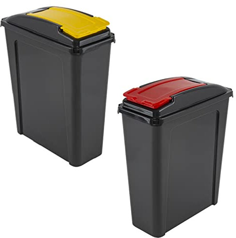 M1SS Set of 2-25L Litre Plastic Indoor Recycle Slimline Waste Bin with Lid for in the Home/Kitchen- Made in UK (Red And Yellow)