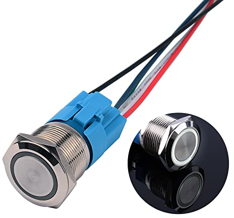 JIQI 22mm 12V bis 24V 5A Verriegelung Druckschalter Metall Rastend EIN/AUS Schalter mit LED Licht IP66 1NO1NC Selbsthemmende wasserdichte vorverdrahte Druckknopfschalter für Van KFZ DIY Motorrad(Weiß)