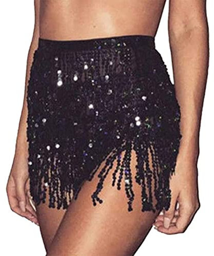 Minetom Damen Bauchtanz Und Latin Dance Glitzer Rock Pailletten Quaste Tanzröcke Fransen Outfits Röcke Bauchtanz Hüfttuch Gürtel Röcke A1 Schwarz One Size