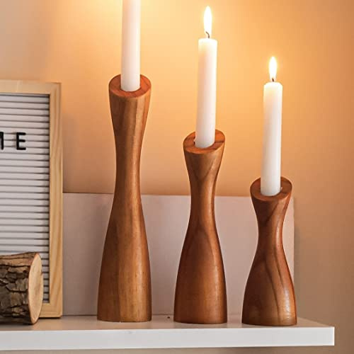 OLEEK Holz-Kerzenhalter-Set (30,5 cm, 25,4 cm, 20,3 cm) – Holz-Kerzenhalter für Couchtisch-Dekoration (passend für 2,2 cm Kerzen) – Herbst-Vintage-Kerzenhalter im Boho-Stil für den Esstisch