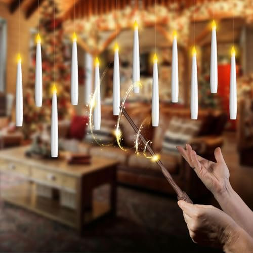 Flammenlose schwimmende Kerzen mit Zauberstab, 12PCS flackerndes LED-Kerzenlicht, hängende Kerzen mit Zauberstab Fernbedienung & Timer für Home Church Weihnachten Hochzeit Geburtstagsfeier Dekor