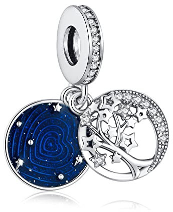 Alstiva Baum & Galaxis Mond Doppelter Silber Anhänger mit Zirkonia - Charm für Armband und Halskette - Geschenk für Damen