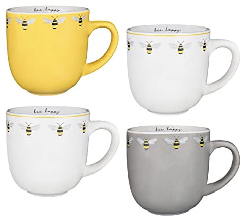 WoW HomeStore Bee Happy Printed Coffee Mugs Bee Tee Cups Kitchenware Mugs - 4pk