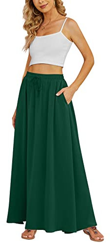 Yincro Damen Flowy Maxirock Sommer Plissee Hohe Taille Casual Lange Röcke mit Taschen, Dunkelgrün, Klein