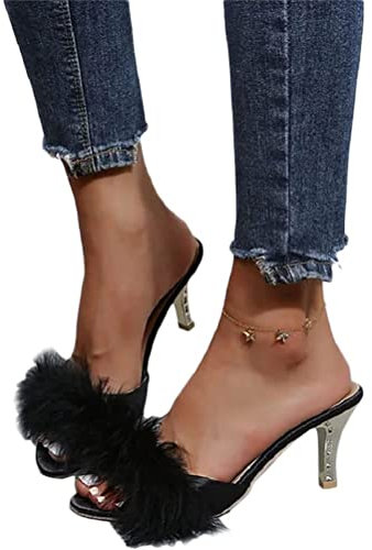 Osheoiso Damen Sandalen mit Absatz Damenschuhe Abend Hohe Ferse Faux Feder Slip-On Spitz Zehe Kopf Sandaletten Stiletto Pumps Slides Vintage Sommerschuhe A Schwarz 43 EU