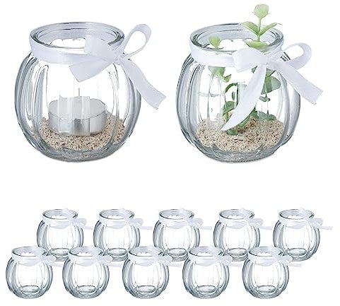Relaxdays Vasetti Portacandele, Set 12, Vasi in Vetro per Candele e Lumini, Bicchierini con Fiocco Bianco, Trasparente, 7,5 x 7,5 cm