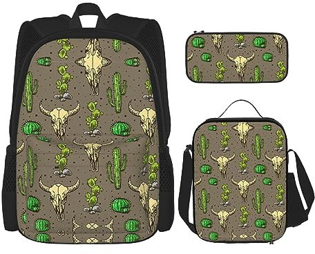 StOlmx Lot de 3 sacs à dos, sac à dos étanche, sac à déjeuner isotherme et trousse à crayons, voyage, randonnée, imprimé partitions de musique, Crâne de taureau et cactus mignon., Taille unique