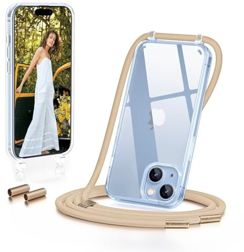 GOODVISH Handykette für iPhone 15 Hülle mit Band | Kameraschutz und Bildschirmschutz | | Necklace Handyhülle mit Schnur Schutzhülle für zum Umhängen | Transparent Case mit Kordel, Beige