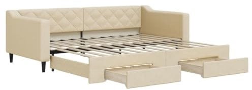 vidaXL Tagesbett, Sofabett Ausziehbar mit Schubladen, Gästebett Schlafsofa für Schlafzimmer Wohnzimmer, Sofa Ausziehbett, Creme 90x200cm Stoff