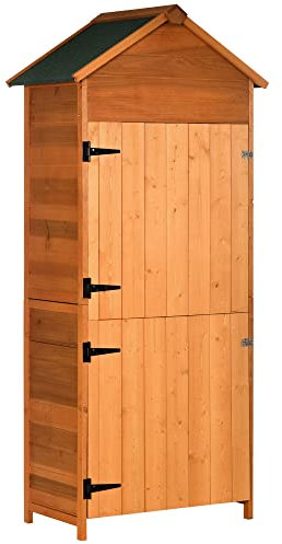 Outsunny Holz-Geräteschuppen, Geräteschrank, Gartenschrank mit Asphaltdach, Doppeltür, Gartenhaus mit 3 Regalböden, Doppeltür für Harken und Schaufeln, Orange, 84 x 52 x 188 cm
