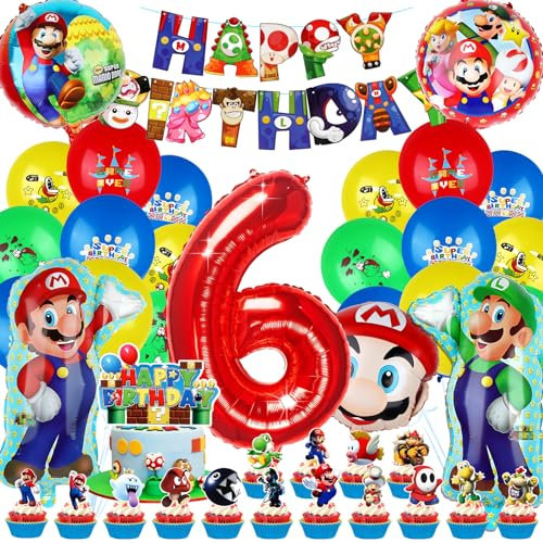 Powmag Geburtstag Deko 6 Jahre, Luftballons Geburtstags Kinder, Mario Kinder Geburtstag Luftballon Set für Mar-io Thema Kindergeburtstag Party Supplies Deko