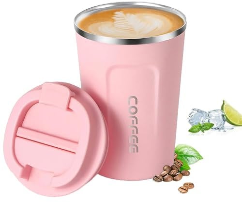 DDUP Travel Mugs,Insulated Coffee Cup with Leakproof Lid, Reusable Coffee Cups Travel, Portable Car Coffee Cup, Stainless Steel Thermal Mug for Hot and Cold Coffee Water and Tea-380ml(Pink)