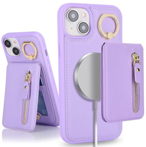 SailorTech iPhone 13 Phone Leather Case with Credit Card Holder Magsafe, iPhone 13 Case Ring Stand with Kickstand Card Slots Wallet Detachable 2-in-1 Zipper Case - Purple