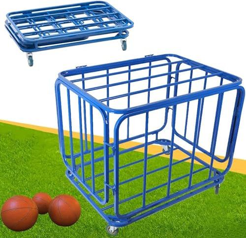 DPLXFPP Sports Lockable Ball Storage Locker,Metal Ball Storage Bin, Rolling Sports Ball Storage Cart, Foldable Stainless Steel Basketball Cart, with Lid and Wheels,80x60x70cm