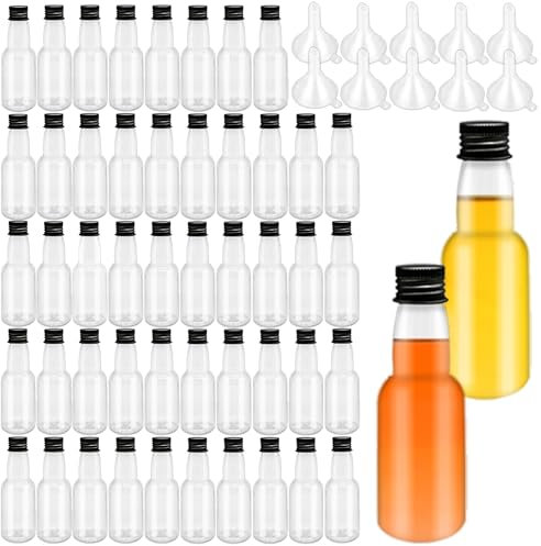 50 Pack Mini Liquor Bottles,1.7oz/50ml Plastic Spirit Alcohol Bottle with Black Cap,Miniature Shot Bottles with 10 Funnels for Party Favor,Weddings