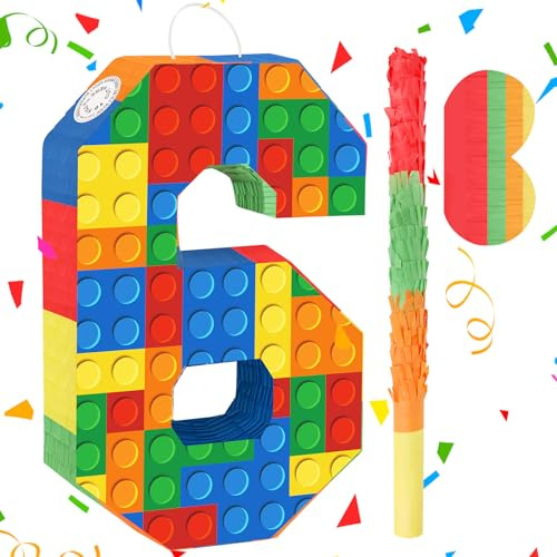 Bausteine 6. Geburtstag Party Dekorationen Nummer 6 Pinata mit Pinata Stick & Augenbinde für Kinder Mädchen Jungen Happy Birthday Baustein Thema Party Supplies Fiesta Karneval Spiele