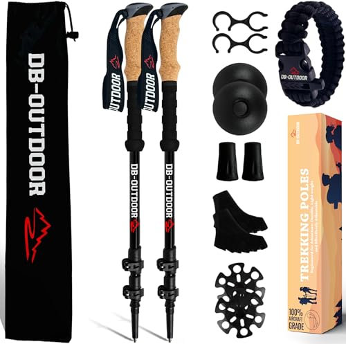 DB-OUTDOOR Trekking Hiking Walking Poles Women and Men - 2 Ultralight 7075 Aluminum Collapsible Hiking Sticks for Men, Natural Cork Grip & Metal Flip Lock Nordic Walking Poles for Men and Seniors