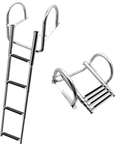 KAOLALI Bootleiter 4 Stufen Poolleiter Edelstahl, Badeleiter Boot Klappbar Teleskop mit Großen Handläufen Und Breiter Sprosse Tragkraft 227 kg für Schwimmbad Deck Boot