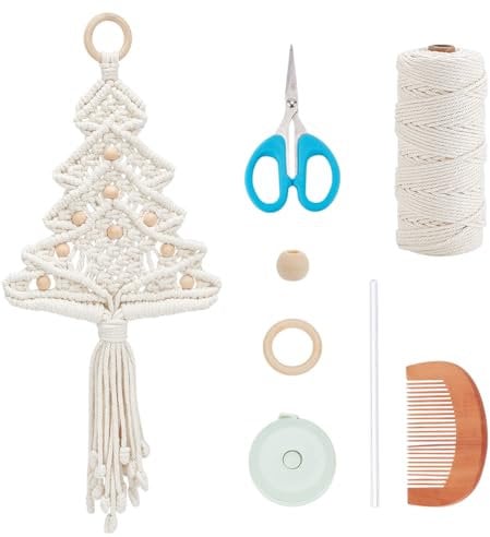 FREEBLOSS DIY Macrame Christmas Tree Kit Natural White Christmas Tree Hanging Ornaments Wall Hanging Tapestry with Wooden Beads Macrame Tassels Wall Hanging Macrame Kit for Beginners