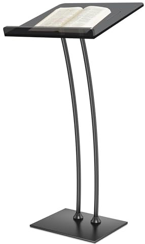 Vakiorn Acrylic Podium with Iron Stable Base & Pen Slot, Black Pulpit Lectern with 10mm Thickened Acrylic Reading Platform, Podium Stand for Church, Lecture, Wedding, Classroom(16 x24 x 45)
