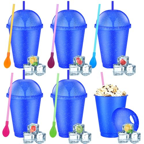 Ninehaoou 6 Set 16 oz Slushie Cups with Lid Straw, Blue, 16 oz
