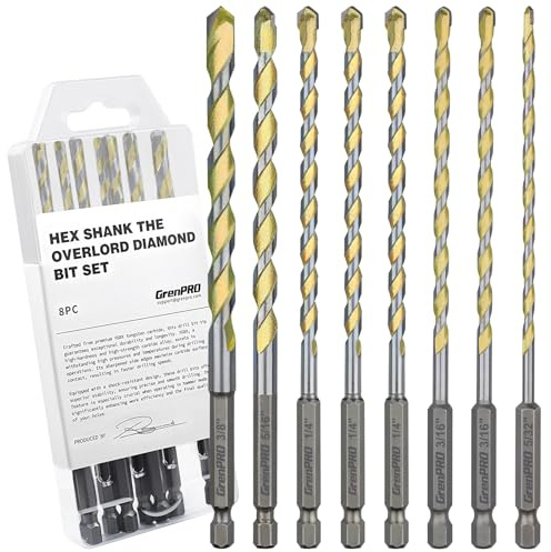 GRENPRO Concrete Drill Bit Set, 8 PCS Masonry Drill Bit Set for Concrete 5/32-3/8, Industrial Carbide Drill Bits, Shockproof Hex Shank Drill Bit Set for Cement/Porcelain Tile/Brick/Class/Plastic