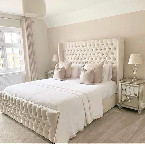 YB INTERIORS LTD 49 Inches High Chesterfield Plush Velvet Cream Wingback Bed Upholstered Ceram Double Bed Frame in Plush Velvet Fabric