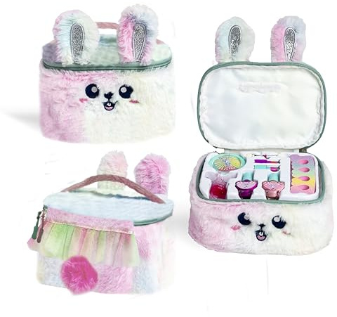 MARTINELIA - Schminkkoffer Kaninchen aus Kunstpelz – Make-up-Set für Kinder – Schönheitsset für Mädchen – Nagellack, Lippenstift, Lidschatten & Aufbewahrungskoffer – Geschenkbox für Mädchen