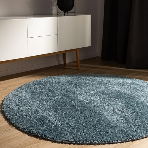 benuta Basic Hochflorteppich Teppich Wohnzimmer Sohari - Blau 80 cm Rund - Minimalistischer Look - Weich & Waschbar - Für Schlafzimmer, Flur oder Esszimmer - Geeignet für Fußbodenheizung