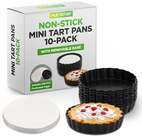 Nutrichef Nonstick Mini Tart Pans,10-Piece Heavy Duty 10cm Steel Quiche Pans with Removable Bottom, Oven & Dishwasher Safe, Fluted Edge for Mini Pie Crust and Tart Shells