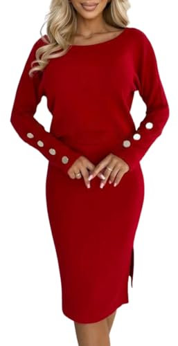shownicer Damen Strickkleid 2 Stücke Gestrickter Rock Set Zweiteiliger Anzug Rundhals Pullover und Strickrock Bodycon 2 Stück Set Pulloverkleid A Rot S