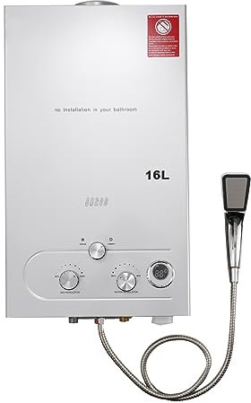 TABODD 32KW 16L Gas Durchlauferhitzer LPG Warmwasserbereiter, Temperatur kann 35-55 ℃ Outdoor Propan-Durchlauferhitzer mit Digitalanzeige und Duschset für Campingausflüge Bootshaus Wohnmobil, Silber