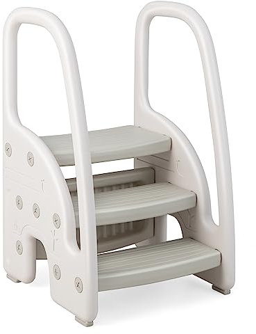 LIFEZEAL Marche Pied Enfant 1+ an, Tour Observation Montessori avec 3 Marches, Accoudoirs, Pieds Antidérapants, Escabeau Cuisine, Rehausseur Salle de Bain, Tabouret Charge 75kg (Gris)